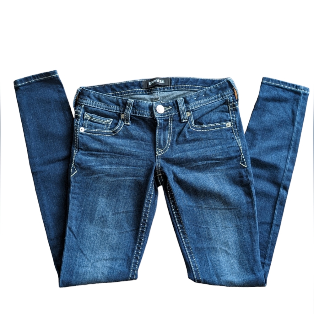 Express jean leggings, low rise. Size 2 Long. Dark blue color.